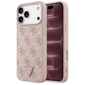 Husa pentru iPhone 18 Pro Max / iPhone 17 Pro Max - Guess Leather 4G Triangle Strass MagSafe - Pink