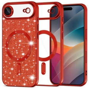 Husa pentru iPhone Air, SKYDDAR INNOVATION, Luxury Glitter Magsafe, Antisoc, Fundal Detasabil 2-in-1, Margini Ridicate, set cu sticker, Rosu