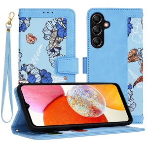  Husa pentru Samsung Galaxy A14 5G / Galaxy A14 4G din Piele Ecologică cu Design Floral, Protecție 360°, Stand Integrat, Buzunare pentru Carduri, SKDR Floral Wallet - Bleu - Img 1