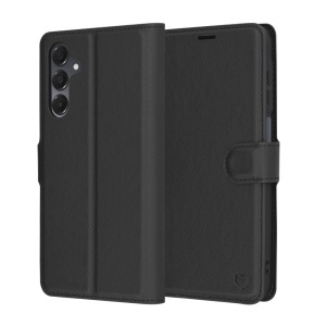 Husa pentru Samsung Galaxy A16 4G / Galaxy A16 5G, SKYDDAR INNOVATION, Leather Wallet, tip Carte, cu Portofel Interior, Finisaje Premium, Negru, set cu sticker