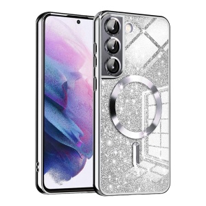 Husa pentru Samsung Galaxy S22 5G, SKYDDAR INNOVATION, Luxury Glitter Magsafe, Antisoc, Fundal Detasabil 2-in-1, Margini Ridicate, set cu sticker, Argintiu