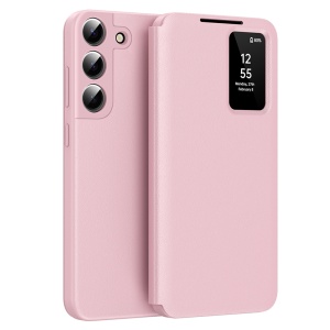 Husa pentru Samsung Galaxy S22 5G tip carte, Skyddar, cu portofel si SmartView, Premium, set cu sticker, Roz