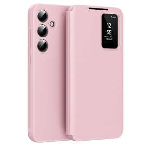 Husa pentru Samsung Galaxy S23 FE tip carte, Skyddar, cu portofel si SmartView, Premium, set cu sticker, Roz