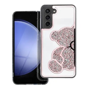 Husa pentru Samsung Galaxy S24 FE, SKYDDAR INNOVATION, TEDDY BEAR, din Silicon cu Sclipici, Protectie Completa, Roz, set cu sticker