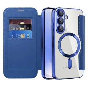 Husa pentru Samsung Galaxy S25 Plus tip carte, SKYDDAR INOVATION, SmartMag Book, Magsafe, RFiD, Suport Carduri, set cu sticker, Albastru
