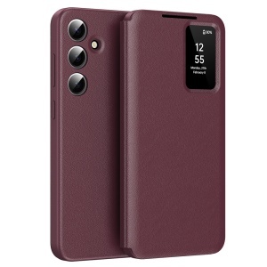 Husa pentru Samsung Galaxy S25 tip carte, Skyddar, cu portofel si SmartView, Premium, set cu sticker, Rosu