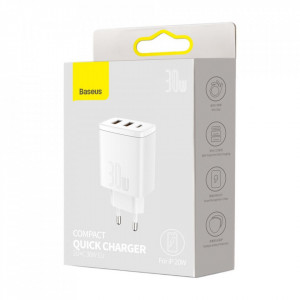 Incarcator priza Compact, USB-C, PD, 30W si 2x USB-A, QC 3A, Baseus (CCXJ-E02) - Alb - Img 7