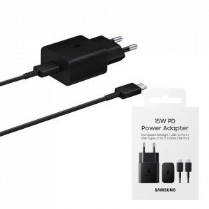 Incarcator priza fast charge 15W, 2A, cu cablu Type-C, Original Samsung - Negru - Img 1