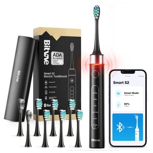 Periuta de dinti electrica inteligenta Bitvae S2, sonica, 5 moduri, 9 niveluri intensitate, 8 capete, 100 zile autonomie, husa calatorie, cu senzor presiune si control prin aplicatie, S2 Smart, Negru