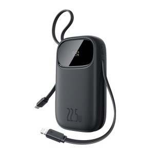 Power Bank 10000mAh 22.5W cu Cablu Integrat, USB + Type-C, Fast Charging si Afisaj Digital, Baseus EnerFill FC31, Negru
