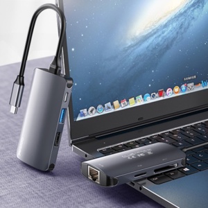 Statie de andocare, USB-C la USB 3.0, SD/TF, RJ45 100Mbps, PD 80W, Aliaj aluminiu, Yesido, Gri - Img 3