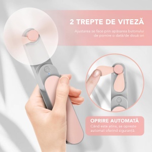 Ventilator Portabil Mini, de Poseta, de Birou, de Mana, Silentios, Pliabil, 1200mAh, SKDR NiniFan - Roz - Img 4