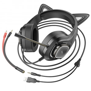 Casti Gaming Jack 3.5mm cu LED si Microfon, Hoco Cat Ears - Negru / Verde - Img 5