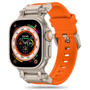 Curea pentru Apple Watch 42/44/45/46/49mm, Bratara Silicon, set cu sticker, Model W064, Bej / portocaliu