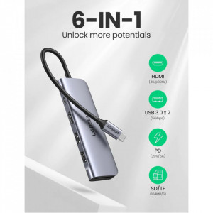 Hub 2xUSB, tip C PD100W, HDMI, SD, TF, Ugreen CM195 - Space Gray - Img 2