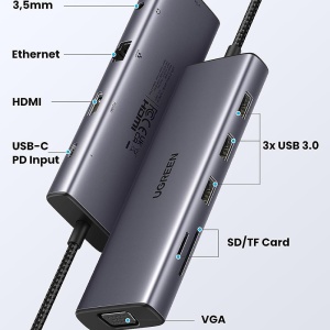 Hub USB-C la Type-C, 3x USB, HDMI, RJ45, Jack 3.5mm, VGA, TF, SD Card, Ugreen CM498, Gri - Img 2