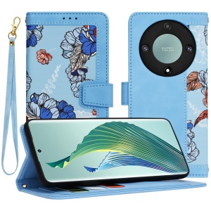 Husa pentru Honor Magic5 Lite din Piele Ecologică cu Design Floral, Protecție 360°, Stand Integrat, Buzunare pentru Carduri, SKDR Floral Wallet - Bleu