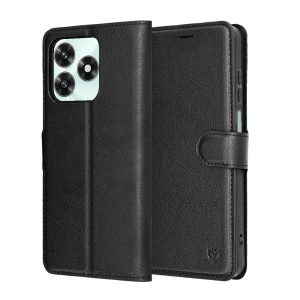 Husa pentru Honor X5c Plus, SKYDDAR INNOVATION, Leather Folio tip Carte, cu Portofel Interior, Finisaje Premium, set cu sticker, Negru