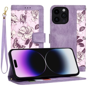 Husa pentru iPhone 14 Pro Max din Piele Ecologică cu Design Floral, Protecție 360°, Stand Integrat, Buzunare pentru Carduri, SKDR Floral Wallet - Mov