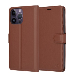 Husa pentru iPhone 14 Pro Max, SKYDDAR INNOVATION, Leather Folio, tip Carte, cu Portofel Interior, Finisaje Premium, Maro, set cu sticker