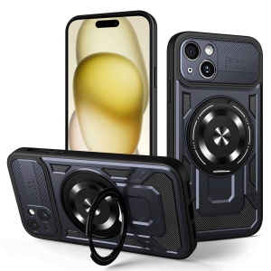 Husa pentru iPhone 15 Plus, SKYDDAR INNOVATION, RuggedCam, Inel magnetic antisoc, set cu sticker, Albastru