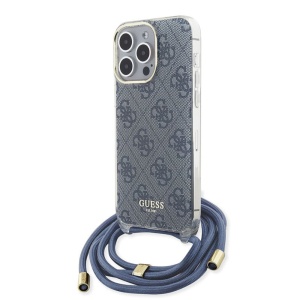 Husa pentru iPhone 15 Pro cu snur, Leather Metal Logo Strass Crossbody, Guess - Albastru