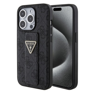 Husa pentru iPhone 15 Pro Max, Grip Stand 4G Triangle Strass, Guess - Negru