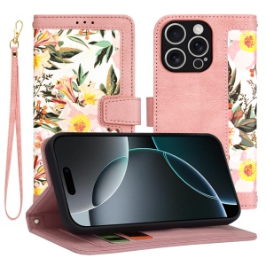 Husa pentru iPhone 16 Pro, SKYDDAR INNOVATION, Floral Wallet, din Piele Ecologică cu Design Floral, Protecție 360°, Stand Integrat, Buzunare pentru Carduri, Roz, set cu sticker
