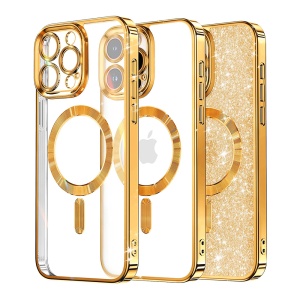 Husa pentru iPhone 16 Pro, SKYDDAR INNOVATION, Luxury Glitter Magsafe, Antisoc, Fundal Detasabil 2-in-1, Protectie Superioara, Margini Ridicate, Auriu, set cu sticker
