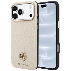Husa pentru iPhone 18 Pro / iPhone 17 Pro - Guess Grained Leather Round Strass Logo MagSafe - Beige