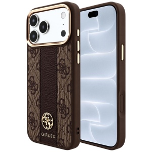 Husa pentru iPhone 18 Pro / iPhone 17 Pro - Guess Leather 4G Stripe Round Classic Logo MagSafe - Brown