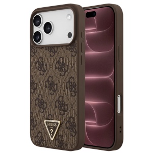 Husa pentru iPhone 18 Pro Max / iPhone 17 Pro Max - Guess Leather 4G Triangle Strass MagSafe - Brown