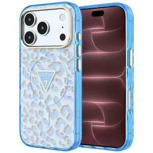 Husa pentru iPhone 18 Pro Max / iPhone 17 Pro Max - Guess Leopard Glitter Triangle Logo MagSafe - Light Blue