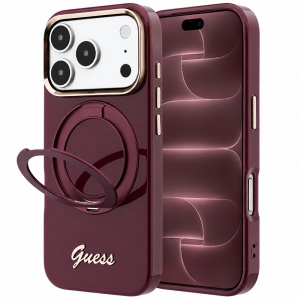 Husa pentru iPhone 18 Pro Max / iPhone 17 Pro Max - Guess Ring Stand Script Metal Logo MagSafe - Burgundy