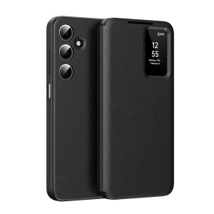 Husa pentru Samsung Galaxy A17 5G tip carte, Skyddar, cu portofel si SmartView, Premium, set cu sticker, Negru