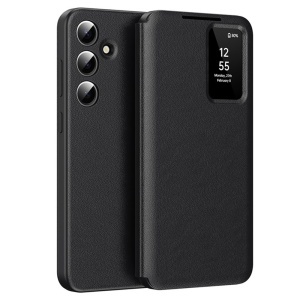 Husa pentru Samsung Galaxy S23 FE tip carte, Skyddar, cu portofel si SmartView, Premium, set cu sticker, Negru