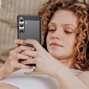Husa Samsung Galaxy S25 FE din Silicon Slim, cu textura Fibra Carbon, set cu sticker, Carbon Silicone, Negru - Img 4