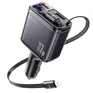 Incarcator auto, 117W, 2x Cablu retractabil, USB, Type-C, Led ambient, Yesido, Negru