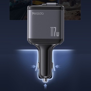 Incarcator auto, 117W, 2x Cablu retractabil, USB, Type-C, Led ambient, Yesido, Negru - Img 2