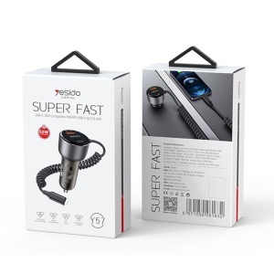 Incarcator auto, 50W, Cablu Lightning, Porturi USB si Type-C, Yesido, Negru - Img 7