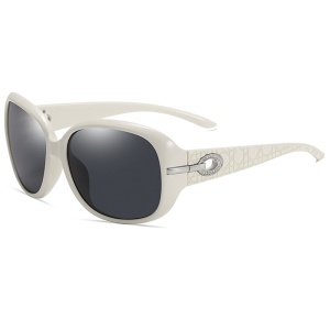 Ochelari de soare dama, protectie UV, rotunzi, Filtru UV 400, design rama, set cu sticker, Alb;gri