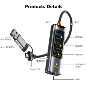 Statie de andocare, USB-C la USB 3.0, RJ45 1000Mbps, PD 100W, Yesido, Gri - Img 2