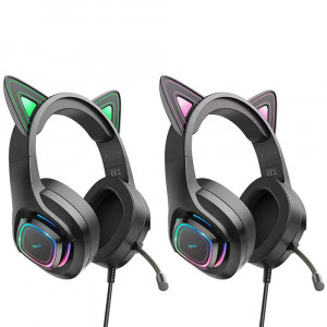 Casti Gaming Jack 3.5mm cu LED si Microfon, Hoco Cat Ears - Negru / Verde - Img 6