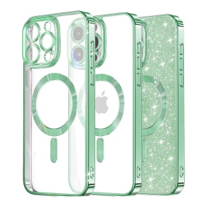Husa pentru iPhone 13 Pro, SKYDDAR INNOVATION, Luxury Glitter Magsafe, Antisoc, Fundal Detasabil 2-in-1, Protectie Superioara, Margini Ridicate, Verde deschis, set cu sticker