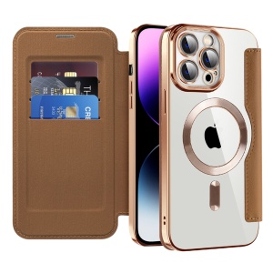 Husa pentru iPhone 14 Pro Max tip carte, SKYDDAR INOVATION, SmartMag Book, Magsafe, RFiD, Suport Carduri, set cu sticker, Maro