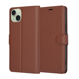 Husa pentru iPhone 15 Plus, SKYDDAR INNOVATION, Leather Folio, tip Carte, cu Portofel Interior, Finisaje Premium, Maro, set cu sticker