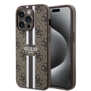 Husa pentru iPhone 15 Pro, Guess, Hardcase 4G Printed Stripes MagSafe, Maro