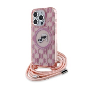 Husa pentru iPhone 15 Pro Max, Karl Lagerfeld, IML Crossbody MagSafe, Pink Monogram Karl&Choupette Head
