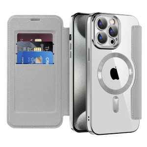 Husa pentru iPhone 15 Pro tip carte, SKYDDAR INOVATION, SmartMag Book, Magsafe, RFiD, Suport Carduri, set cu sticker, Gri