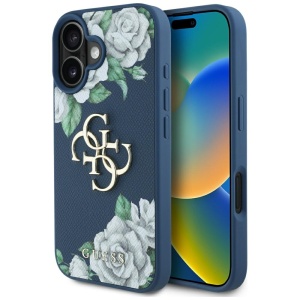 Husa pentru iPhone 16, Hardcase 4G Grained Roses Big Logo, Guess, Albastru